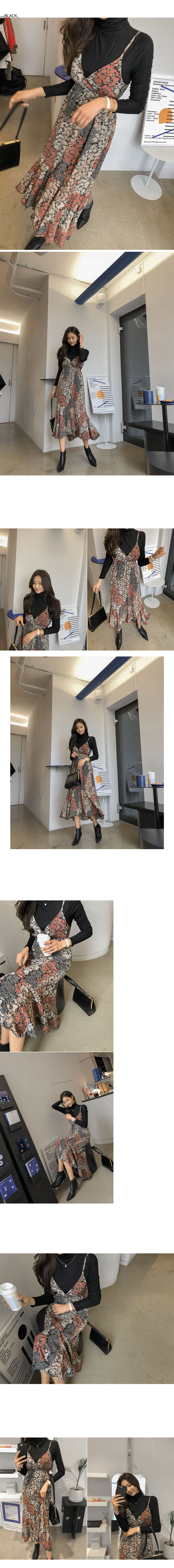 Dabagirl ハイネック フラワーワンピース セットアップ ツーピース Set 重ね着 レイヤード タートルネック 長袖 ロングワンピース 花柄 ハイウエスト 裾フレア フリル イレギュラーヘム 前後丈違い カジュアル オフィス Ol 春 秋冬 秋 冬 韓国 韓国ファッション