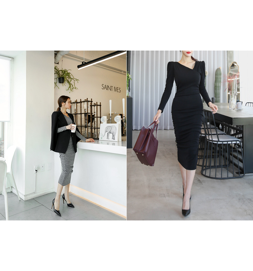 斜向v领侧身抓皱修身洋装